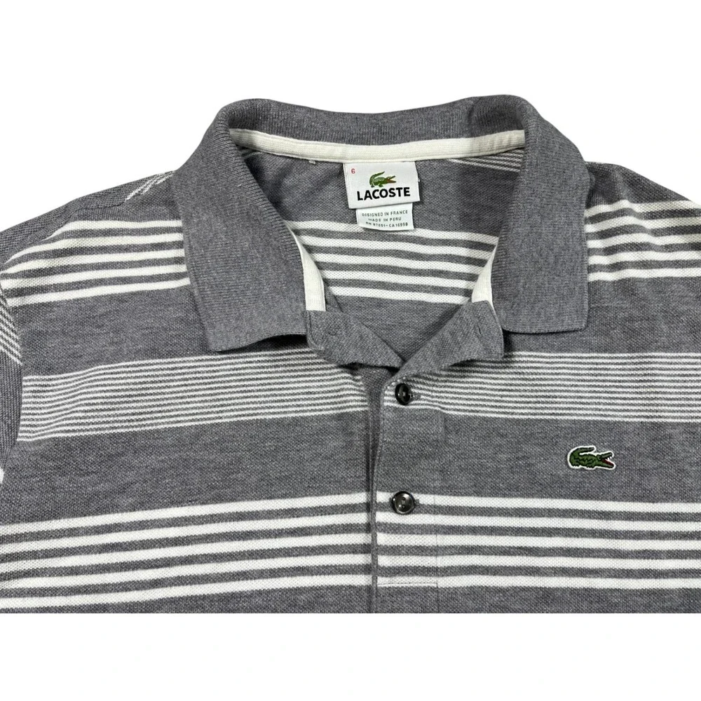 Lacoste Gray White Striped Polo Shirt‎ Men's Size 6 Short Sleeve